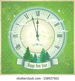 Retro New Year card with clock. Eps10.