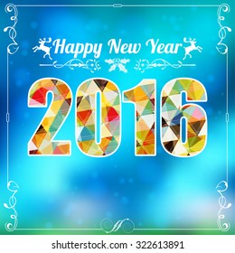 Retro New Year Frame with Deer, Triangle Number 2016 and Calligraphic Ornament on Blurred Bokeh Background. Vector Template for Flyers and Brochure.