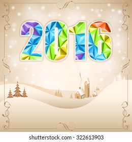 Retro New Year Frame with Deer, Triangle Number 2016, Tree and House. Vector Template for Poster and Brochure.