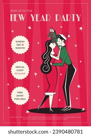 Retro New Year party invitation. New year poster in vintage style. 60s - 70s style Christmas poster with woman and man couple kissing under the mistletoe.