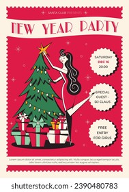 Retro New Year party invitation. New year poster in vintage style. 60s - 70s style Christmas poster with woman character in red coctail dress decorating with star Christmas tree.