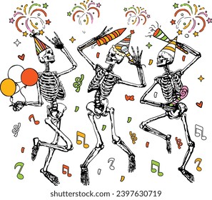 Retro New Year Skull, Funny Skeleton Dancing, Skeleton Dance Party, Happy New Year, New Year 2024, New Year Holiday, Firework