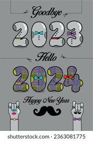 Retro New Year's Greeting Card 2024. Vintage-style design bidding farewell to 2023 and welcoming 2024. Artistic numbers adorned with ties, buttons, and black text. Playful cartoon hands