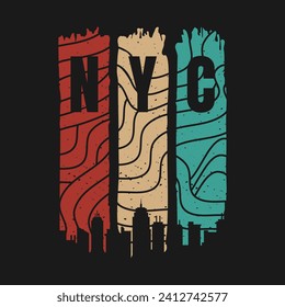 Retro New York City with buildings silhouette in brush strokes.