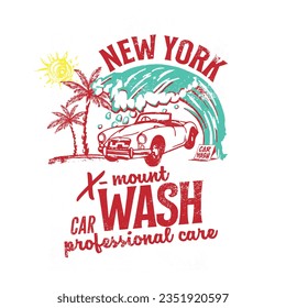 Retro New York slogan tee illustration of Car wash t shirt design, vector graphic, typographic poster or tshirts street wear