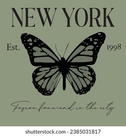 Retro New york varsity college slogan print. Slogan typography print design with butterfly illustration. Vector t-shirt and sweatshirt graphic or other uses