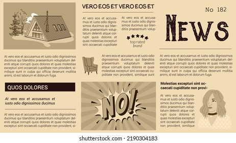 Retro news paper page template. News articles newsprint magazine old design. Newspaper pages with vector illustrations. Paper retro journal. Vintage style.