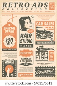 Retro newspaper ads collection on old paper texture.