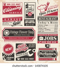 Retro newspaper ads design template. Vector collection of vintage advertisements. Old paper texture layout with promotional creative concepts for different business services, restaurants and shops.