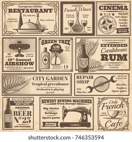 Retro newspaper advertising banners design vector template. Illustration of newspaper poster advertisement, headline cinema and restaurant advertising