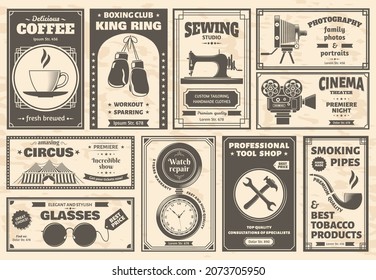 Retro newspaper goods and services old advertising banners. Vintage newspaper ads vector illustration set. Newspaper shops advertisement. Vintage advertising collection