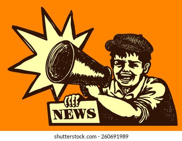 Retro Newspaper Vendor Kid Screaming With Megaphone, Breaking News, Bumper Edition