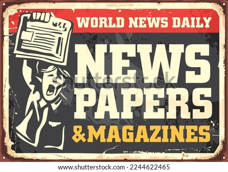 Retro newspapers and magazines store sign with classic typography and newsboy drawing on old metal background. Vintage poster with newspaper hawker vendor. Vector illustration.
