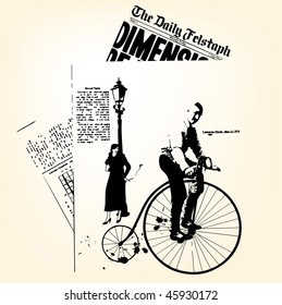 Retro Newspapers With Man On Velocipede