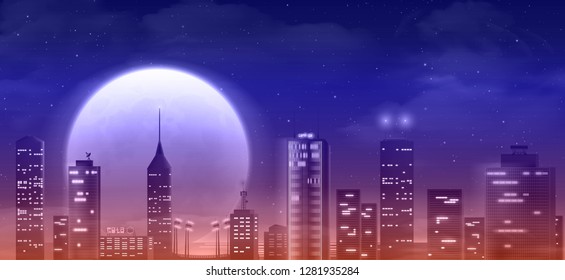 Retro night city with big moon . Cityscape on a dark background with orange city glowing. Retro wave style illustration.