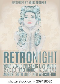 Retro night invitation flyer with rockabilly girl