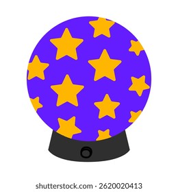 Retro night lamp shaped like a glowing sphere with yellow stars on a purple background, standing on a black base. Nostalgic home accessory inspired by vintage gadgets from the late 90s and 2000s.