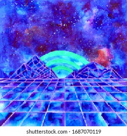 retro night neon futuristic landscape. 80s-90s retro games style, pixel art.