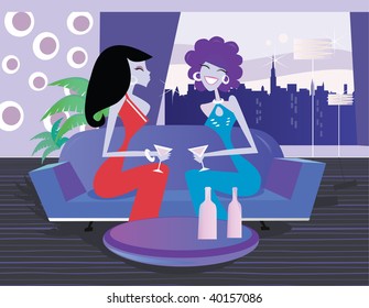 Retro night party in night bar. Two drinking girls sitting on the sofa in the night club. Lifestyle vector illustration.