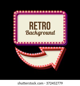 Retro night sign with an arrow. Vintage 3D volumetric banner. Outdoor advertising. Realistic character to your text. Design ellement for your advertising banner. Vector illustration