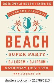 Retro nightclub beach summer party poster tropical alcohol cocktail and palm trees design template vector flat illustration. Vintage holiday seaside vacation paradise exotic leisure disco music sound