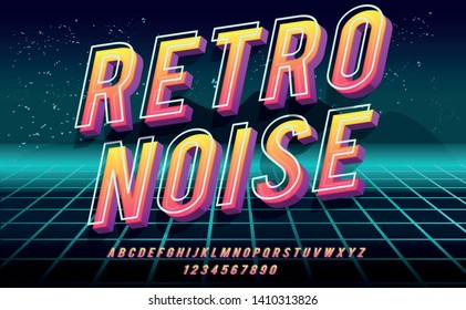 Retro Noise. 3D Bold Font In 1980s Style. Illustration Of 1980 Retro Neon Poster. Futuristic Landscape.