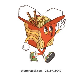 Retro noodles box groovy character. Isolated vector takeout wok package personage with cheerful expression and chopsticks sticking out, walking in a lively manner exudes carefree appetizing vibes