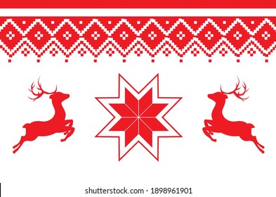 Retro nordic pattern with deer in red and white colors.