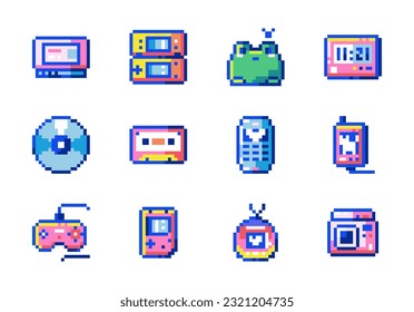 Retro Nostalgia Y2K Collection of 8 Bit Pixel Art Objects Including Mobile Phone, Game Console, Cartridge, Gamepad, Frog, Electronic Pet, Music Disk, Instant Camera, MP3 Player, Handheld Console.