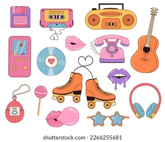 Retro nostalgic 90's clipart set. Collection of Cool Cute Stickers. Trendy Pop Culture badges y2k, 90s graphic design icons.