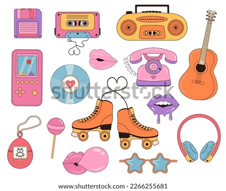Retro nostalgic 90's clipart set. Collection of Cool Cute Stickers. Trendy Pop Culture badges y2k, 90s graphic design icons.