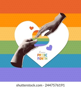 Retro nostalgic banner for Pride Month 2024. Halftone hands holding striped heart. Vintage collage with rainbow elements for decoration of LGBT events. Hand gesture with dotted texture. Vector design