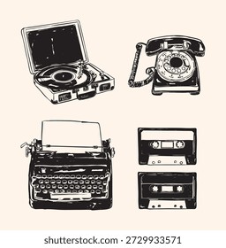 Retro nostalgic electronics set featuring typewriter, telephone, turntable, and cassette tape in vintage style, perfect for music, home decor, retro designs, collectibles, and tech nostalgia themes.