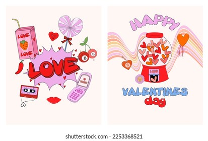 Retro nostalgic greeting cards for St. Valentines day. Romantic poster. Love you card in 70s, 80s, 90s style. Editable vector illustration.