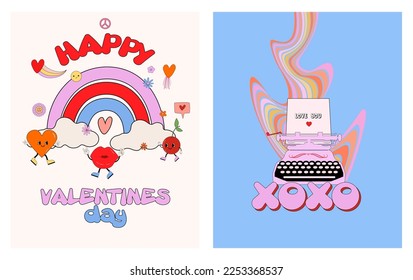 Retro nostalgic greeting cards for St. Valentines day. Romantic poster. Love you card in 70s, 80s, 90s style. Editable vector illustration.