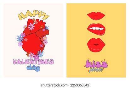 Retro nostalgic greeting cards for St. Valentines day. Romantic poster. Love you card in 70s, 80s, 90s style. Editable vector illustration.