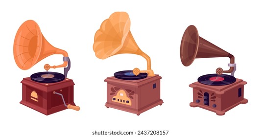 Retro nostalgic music devices. Gramophone player for listening music, antique music gramophones flat vector illustration set. Old school gramophones