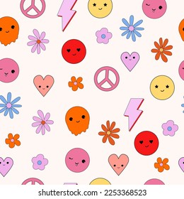 Retro nostalgic seamless pattern with flowers, heart, face, peace sing. Editable vector illustration.