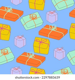 Retro nostalgic seamless pattern with fun cartoon birthday elements - gift box. Editable vector illustration.