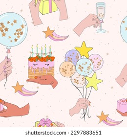 Retro nostalgic seamless pattern with fun cartoon birthday elements - gift box, cake, balloons. Editable vector illustration.