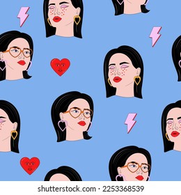 Retro nostalgische nahtlose Muster mit Mädchen und Herzen. Trendy Pop Art Textur. Bearbeitbare Vektorgrafik.