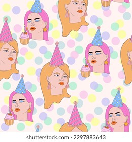 Retro nostalgic seamless pattern with party girls and confetti. Trendy pop art texture. Editable vector illustration.