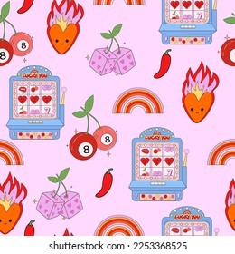 Retro nostalgic seamless pattern with slot machine, cherry, heart on fire, dice, pepper, rainbow. Lucky you texture. Editable vector illustration.