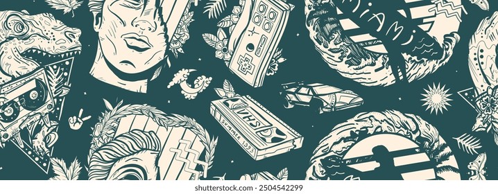 Retro nostalgic seamless pattern. VHS style. Video cassette,  statue head, surfing woman. Old music lifestyle. Vaporwave art pop culture