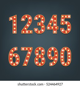 Retro numbers with light bulbs. Glowing numbers. Numbers with shiny lamps