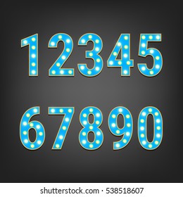 Retro numbers with light bulbs. Glowing numbers. Typeface with shiny lightbulbs