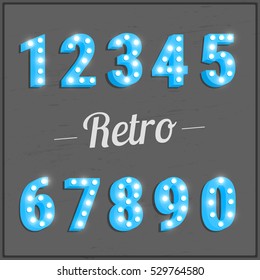 Retro numbers. Typeface with shiny light bulbs. Shiny numbers