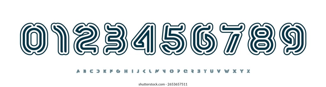 Retro numeric font, outlined loop numbers and letters, neon pop structure type for playful branding, nostalgic mood, fun merch aesthetic, youth creative digits, modern logotype. Vector typeset.