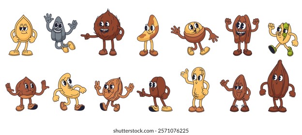 Retro nut mascot. Groovy nuts, happy beans and seeds characters in rubber hose cartoon animation style. Isolated vector illustrations set.