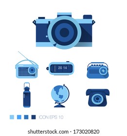 Retro object. Blue Flat Icons set. vector illustration